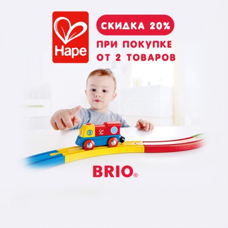 Скидка 20% при покупке от 2 товаров бренда Hape в магазине Brio
